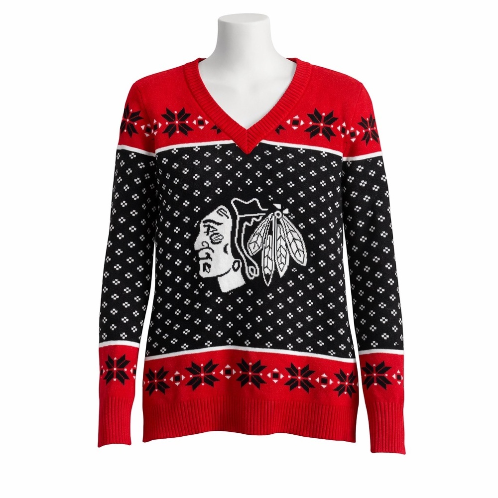 Size XL NHL Women Chicago Blackhawks Sweater V Neck‎ Knit Hockey Fan Red Black